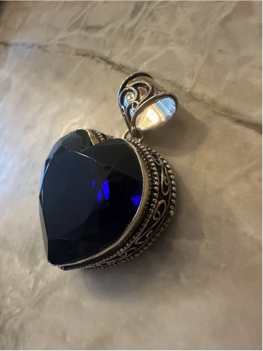 925 Sterling Silver Large Royal Blue Gem Jewelry Heart Boho Pendant 2.2''